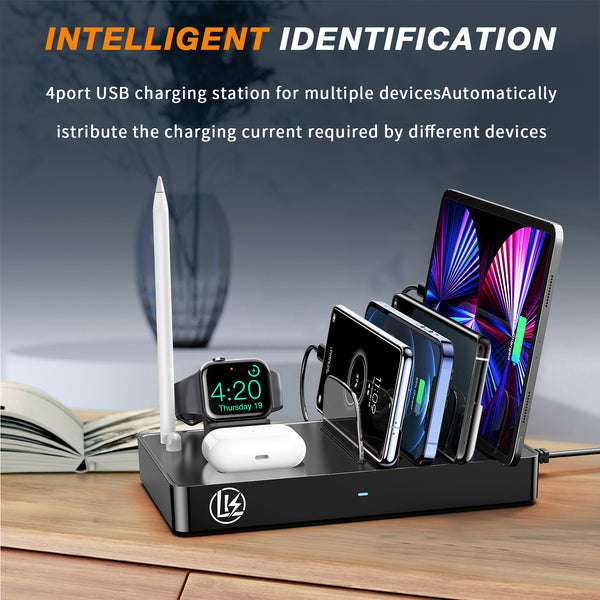 LK Charging Station for Multiple Devices, 40W 4 Ports Charging Station with 3 Cables, 7 in 1 USB Desktop Charger Station Compatible with Smartphones Accessories iPad iWatch AirPods Tablets and More