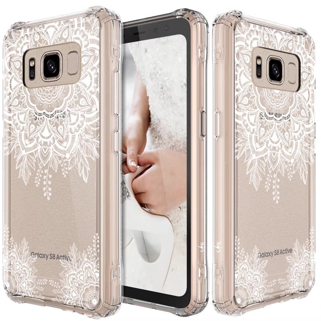 Galaxy S8 Active Case, LK Shock Absorbing White Henna Mandala Floral Lace Clear Design Printed Air Hybrid with TPU Bumper Protective Case Cover for Samsung Galaxy S8 Active
