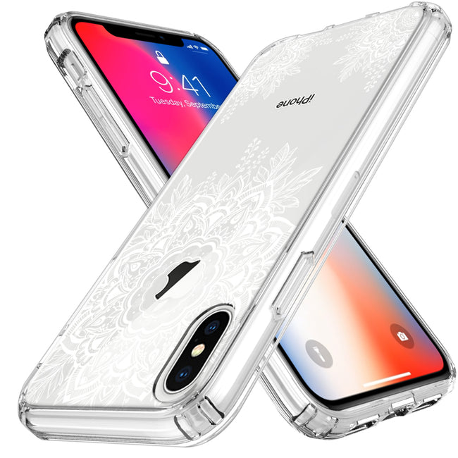 iPhone X Case, [Shock Absorbing] White Henna Mandala Floral Lace Clear Design Printed Air Hybrid with TPU Bumper Protective Case Cover for Apple iPhone X