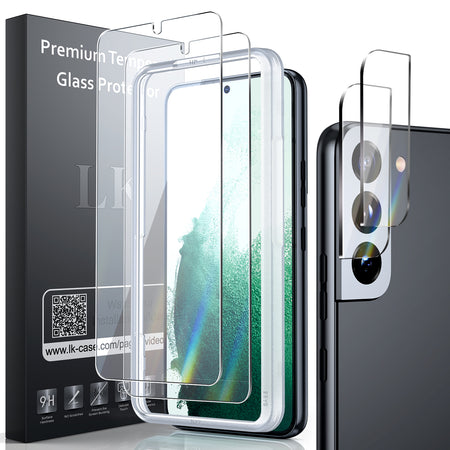 LK 2 Pack Screen Protector & 2 Pack Lens Protector Compatible With Samsung Galaxy S21 FE 5G, Tempered Glass, Anti-Scratch, Ultra-Thin, Support Fingerprint Reader, S21 FE Alignment Frame Attached