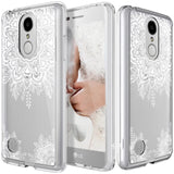 LG Aristo / LG Phoenix 3 / LG K8 2017 / LG Fortune / LG Risio / LG Rebel 2 LTE Case, Shock Absorbing White Henna Floral Lace Clear Design Printed Air Hybrid with TPU Bumper Protective Case Cover