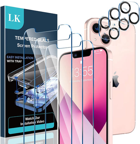 LK for iPhone 13 Case, [Military Shockproof Protection] [Anti-Yellowing] + 2 Tempered Glass Screen Protectors & 2 Camera Protectors, Hard PC Back and Soft TPU Bumper