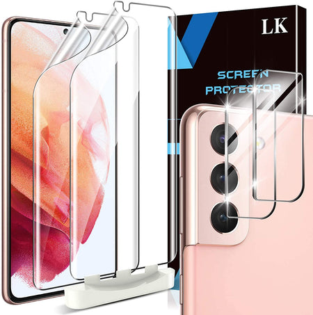 LK 2 Pack Screen Protector & 2 Pack Lens Protector Compatible With Samsung Galaxy S21 FE 5G, Tempered Glass, Anti-Scratch, Ultra-Thin, Support Fingerprint Reader, S21 FE Alignment Frame Attached