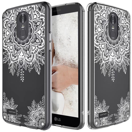 LG Stylo 3 Case, LG Stylo 3 Plus Case, Shock Absorbing White Henna Mandala Floral Lace Clear Design Printed Air Hybrid with TPU Bumper Protective Case Cover