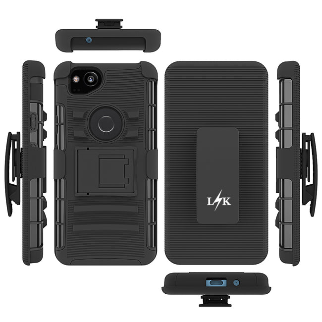 Google Pixel 2 Case, LK [Heavy Duty] Black Armor Holster Defender Full Body Protective Hybrid Cases Cover with Kickstand & Belt Clip