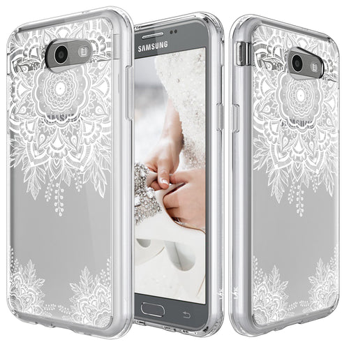 Samsung Galaxy J3 Emerge / J3 2017 / J3 Prime / J3 Mission / J3 Eclipse / J3 Luna Pro / Amp Prime 2 / Express Prime 2 Case, White Henna Floral Clear Air Hybrid with TPU Bumper Protective Cover