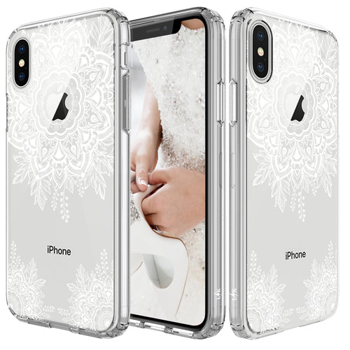 iPhone X Case, [Shock Absorbing] White Henna Mandala Floral Lace Clear Design Printed Air Hybrid with TPU Bumper Protective Case Cover for Apple iPhone X