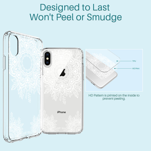 iPhone X Case, [Shock Absorbing] White Henna Mandala Floral Lace Clear Design Printed Air Hybrid with TPU Bumper Protective Case Cover for Apple iPhone X
