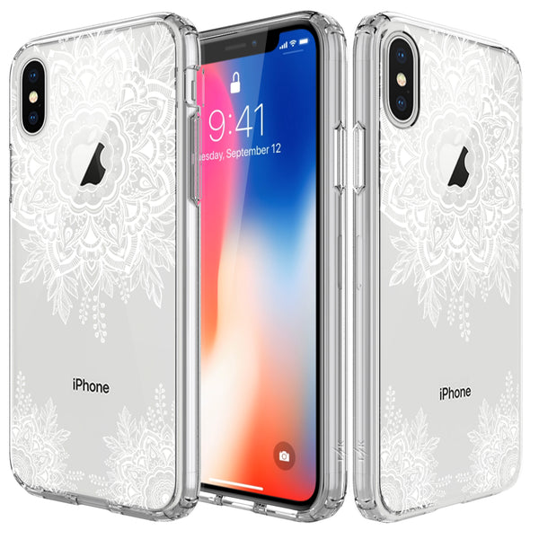 iPhone X Case, [Shock Absorbing] White Henna Mandala Floral Lace Clear Design Printed Air Hybrid with TPU Bumper Protective Case Cover for Apple iPhone X