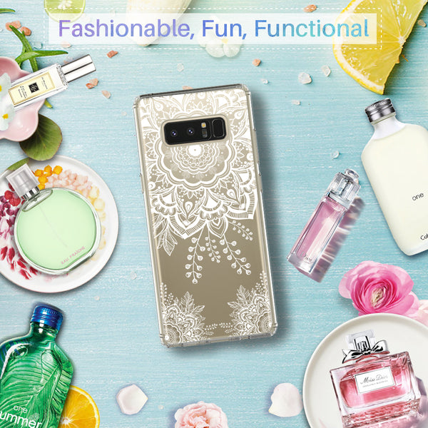 Galaxy Note 8 Case, LK [Shock Absorbing] White Henna Mandala Floral Lace Clear Design Printed Air Hybrid with TPU Bumper Protective Case Cover for Samsung Galaxy Note 8