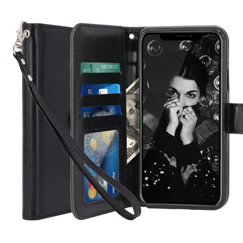 iPhone X Case, [Wrist Strap] Luxury PU Leather Wallet Flip Protective Case Cover with Card Slots and Stand for Apple iPhone X