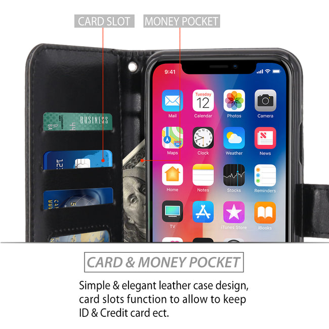 iPhone X Case, [Wrist Strap] Luxury PU Leather Wallet Flip Protective Case Cover with Card Slots and Stand for Apple iPhone X