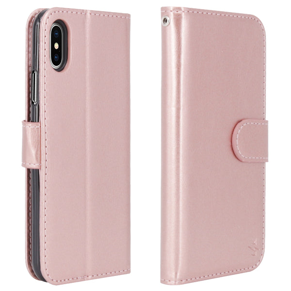 iPhone X Case, [Wrist Strap] Luxury PU Leather Wallet Flip Protective Case Cover with Card Slots and Stand for Apple iPhone X