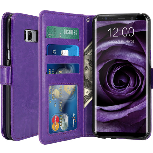 Galaxy S8 Plus Case with Wrist Strap Luxury PU Leather Wallet Flip Protective Case Cover with Card Slots and Stand