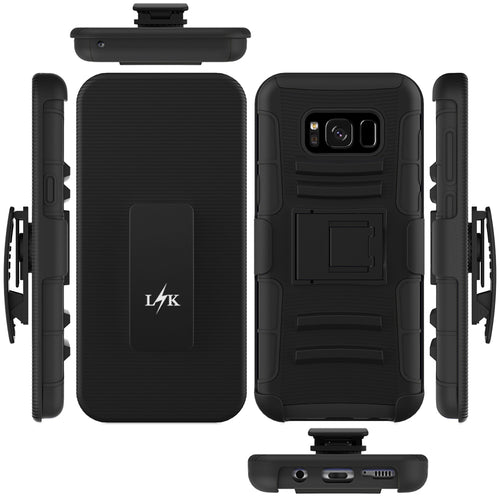 Galaxy S8 Case, LK [Heavy Duty] Black Armor Holster Defender Full Body Protective Hybrid Case Cover with Belt Clip