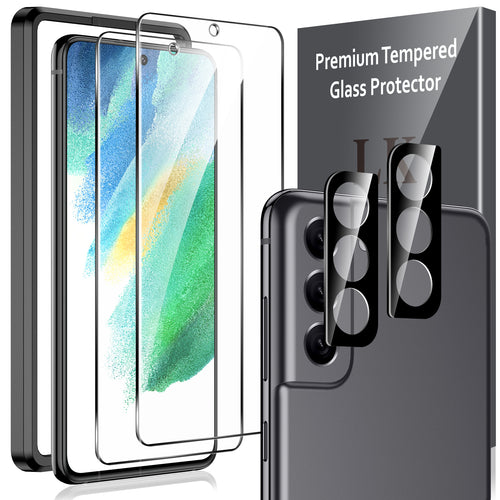 LK 2 Pack Screen Protector & 2 Pack Lens Protector Compatible With Samsung Galaxy S21 FE 5G, Tempered Glass, Anti-Scratch, Ultra-Thin, Support Fingerprint Reader, S21 FE Alignment Frame Attached