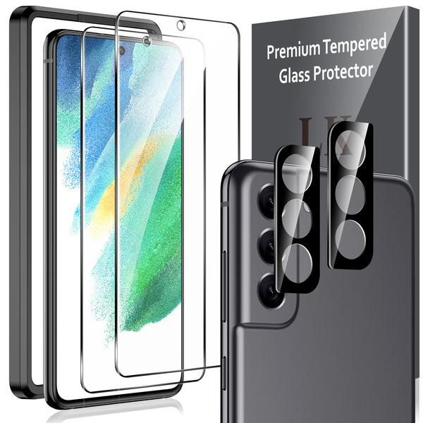 LK 2 Pack Screen Protector & 2 Pack Lens Protector Compatible With Samsung Galaxy S21 FE 5G, Tempered Glass, Anti-Scratch, Ultra-Thin, Support Fingerprint Reader, S21 FE Alignment Frame Attached