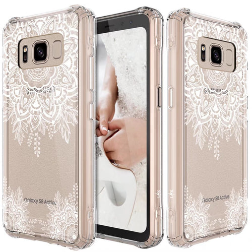 Galaxy S8 Active Case, LK Shock Absorbing White Henna Mandala Floral Lace Clear Design Printed Air Hybrid with TPU Bumper Protective Case Cover for Samsung Galaxy S8 Active