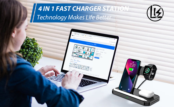 LK Wireless Charger,Upgraded 4 in 1Wireless Charger station,15W Fast Wireless Charger Stand Compatible With iPhone 13/12/11/XR/X/8 Series/iWatch 1-7/AirPods Tidy Storage